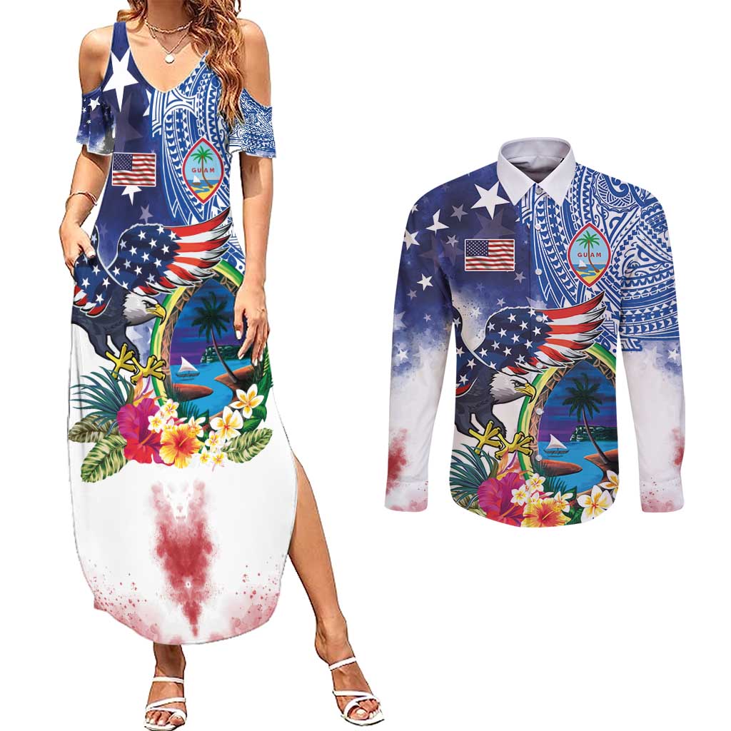 Guam and United States Together Couples Matching Summer Maxi Dress and Long Sleeve Button Shirt Bald Eagle and Guam Seal with Flower and Tribal Tattoos - Wonder Print Shop