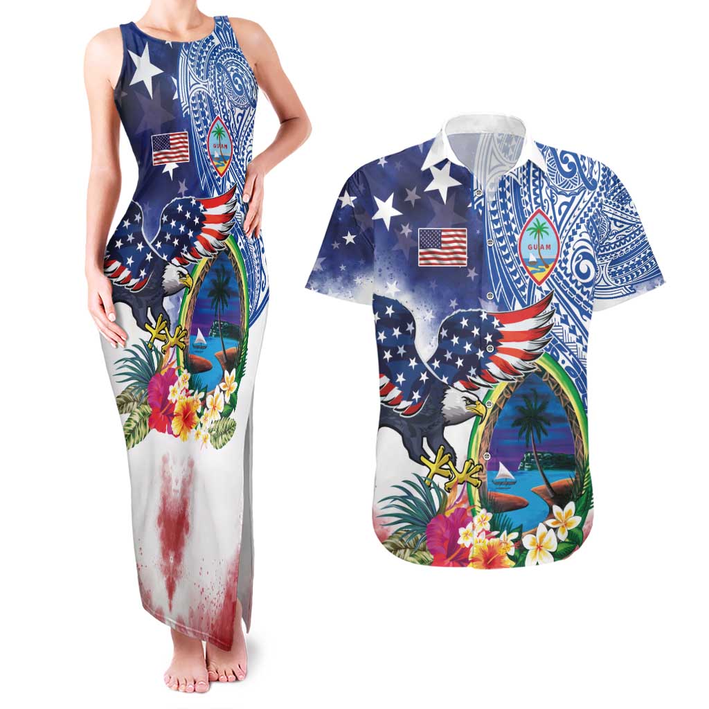 Guam and United States Together Couples Matching Tank Maxi Dress and Hawaiian Shirt Bald Eagle and Guam Seal with Flower and Tribal Tattoos - Wonder Print Shop