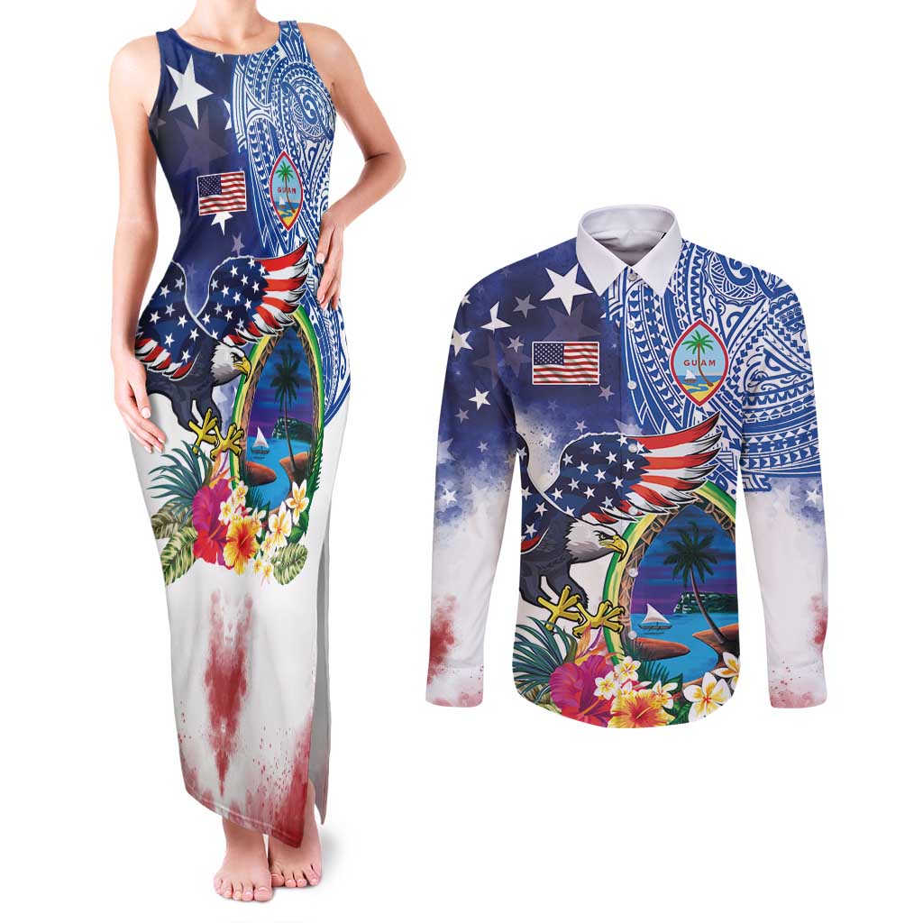 Guam and United States Together Couples Matching Tank Maxi Dress and Long Sleeve Button Shirt Bald Eagle and Guam Seal with Flower and Tribal Tattoos - Wonder Print Shop