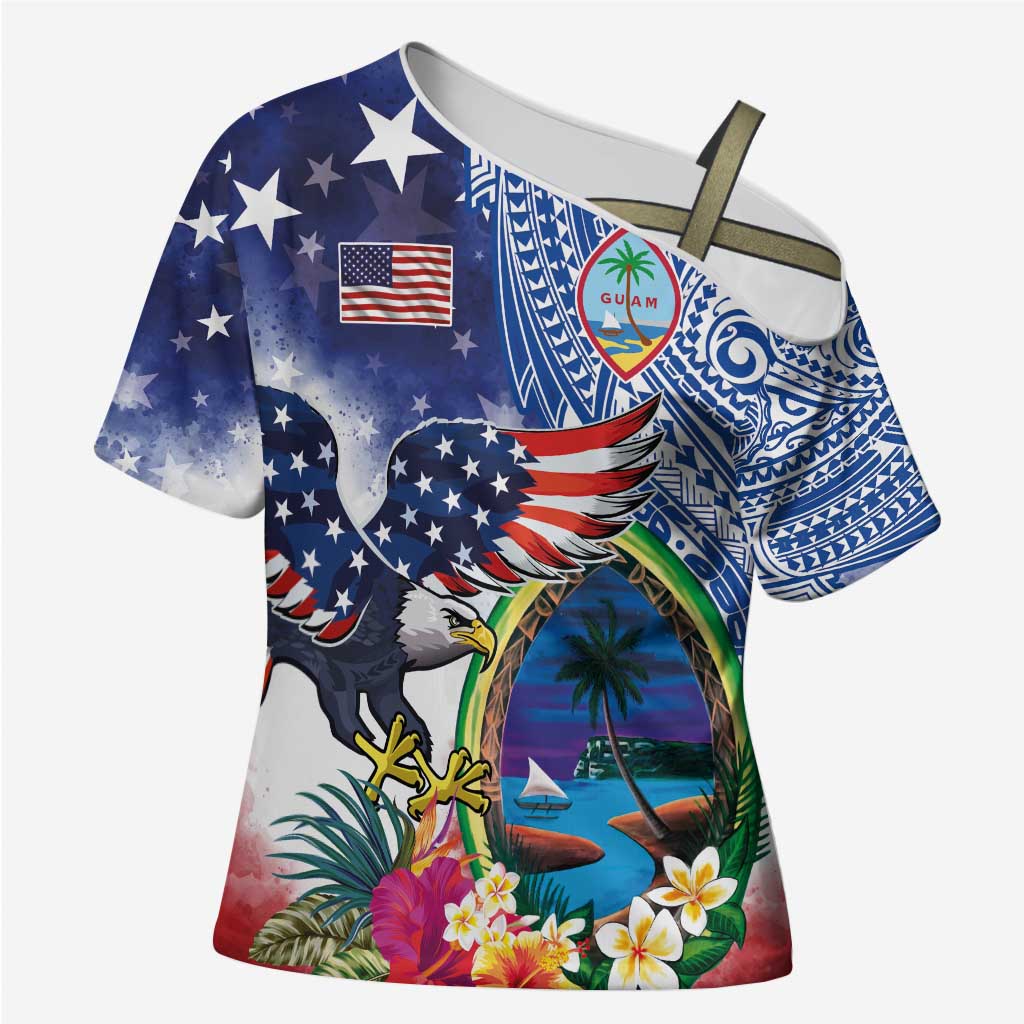 Guam and United States Together Cross Shoulder Shirt Bald Eagle and Guam Seal with Flower and Tribal Tattoos - Wonder Print Shop