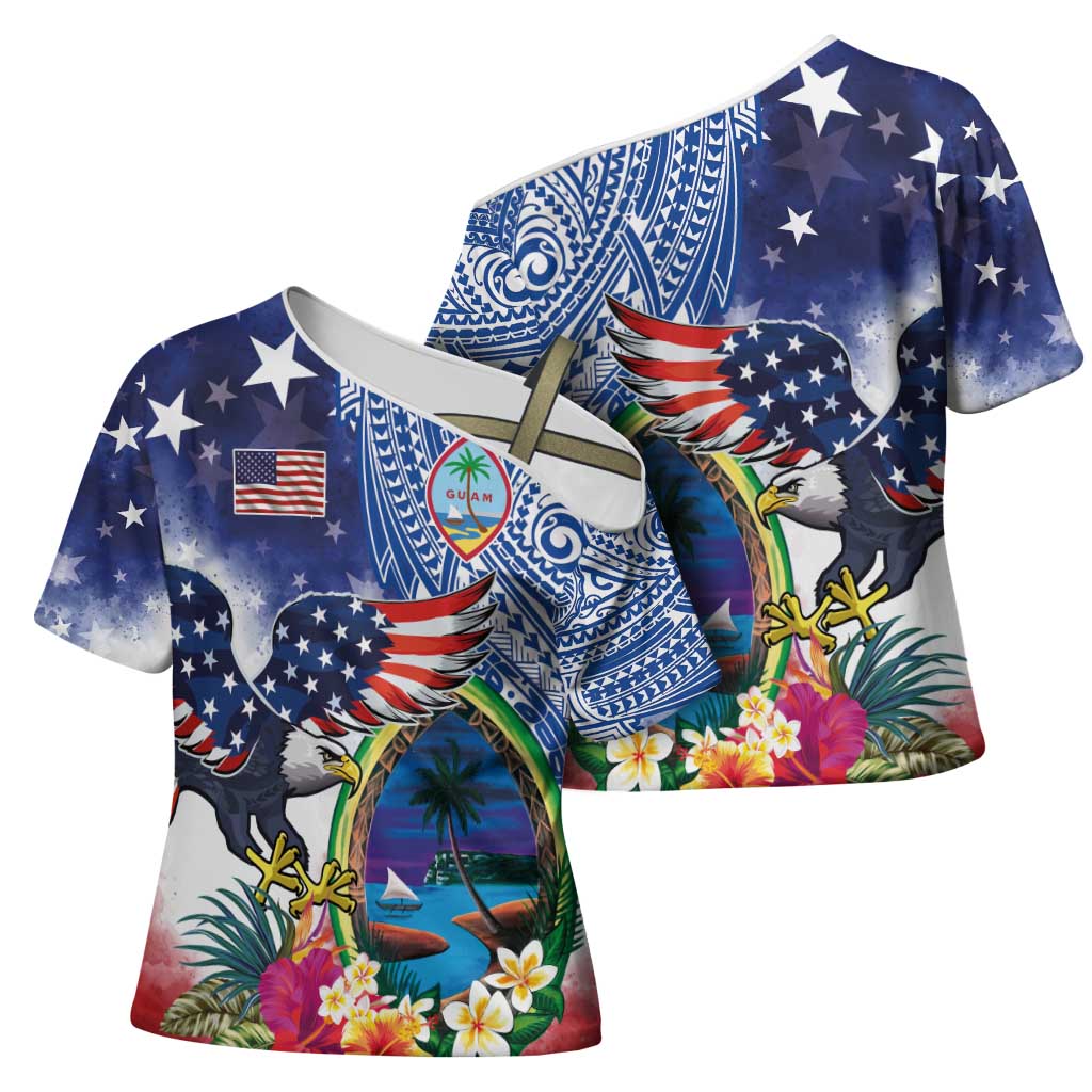 Guam and United States Together Cross Shoulder Shirt Bald Eagle and Guam Seal with Flower and Tribal Tattoos - Wonder Print Shop