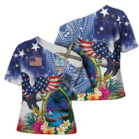 Guam and United States Together Cross Shoulder Shirt Bald Eagle and Guam Seal with Flower and Tribal Tattoos - Wonder Print Shop