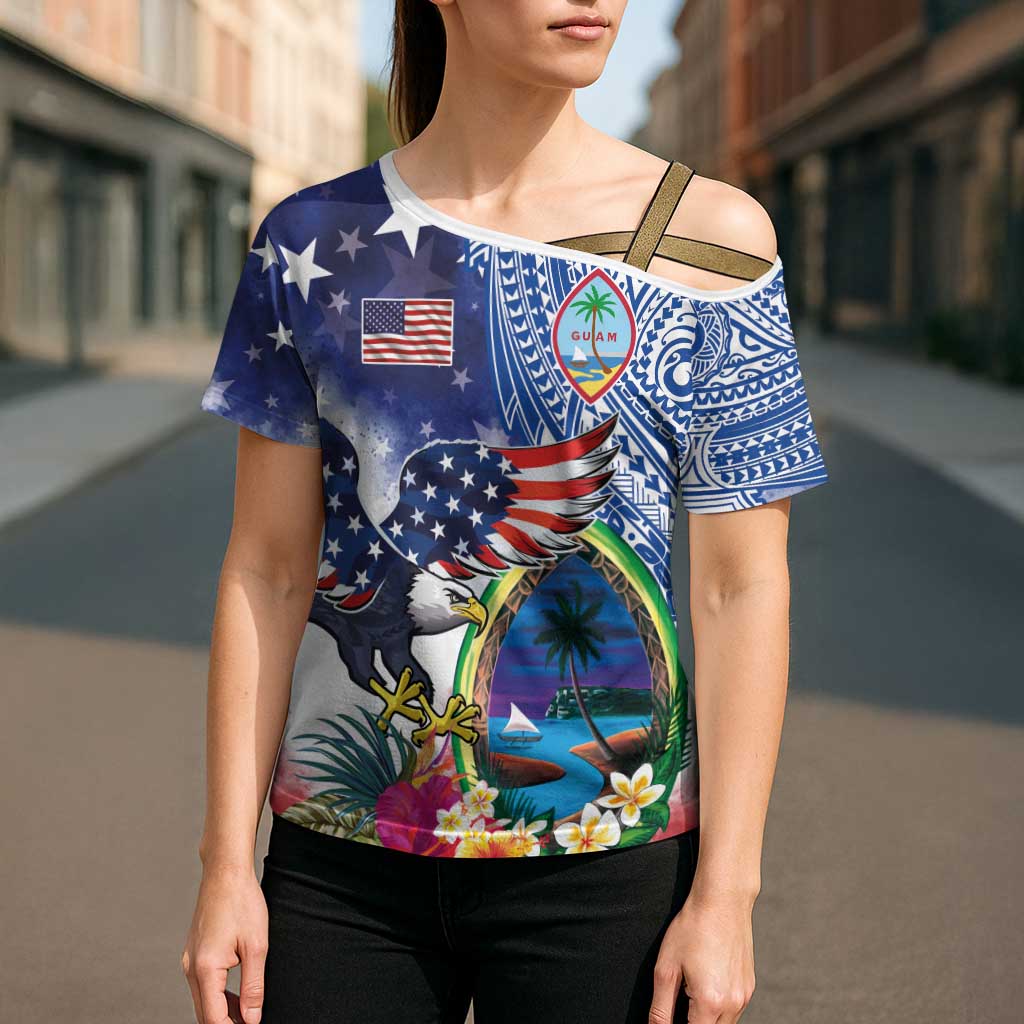 Guam and United States Together Cross Shoulder Shirt Bald Eagle and Guam Seal with Flower and Tribal Tattoos - Wonder Print Shop