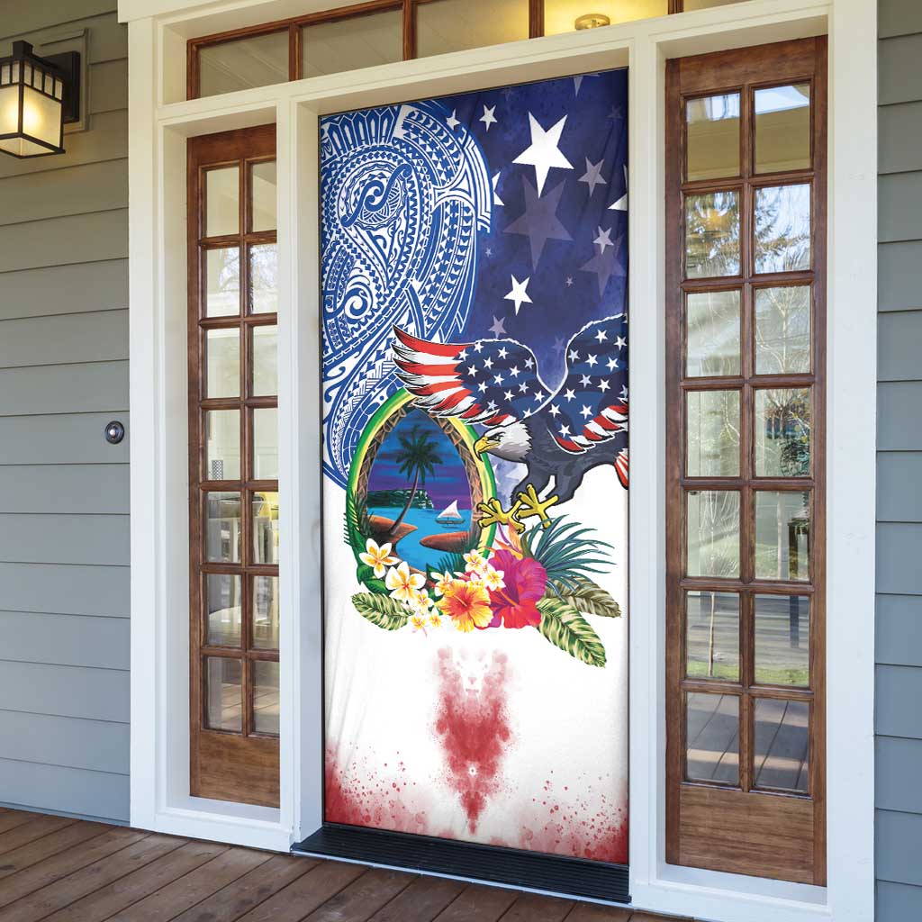 Guam and United States Together Door Cover Bald Eagle and Guam Seal with Flower and Tribal Tattoos - Wonder Print Shop