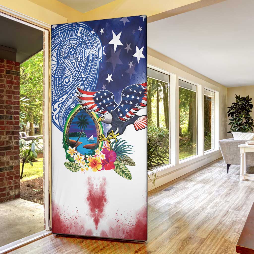 Guam and United States Together Door Cover Bald Eagle and Guam Seal with Flower and Tribal Tattoos - Wonder Print Shop