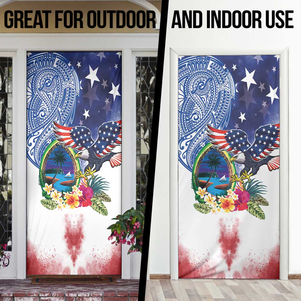 Guam and United States Together Door Cover Bald Eagle and Guam Seal with Flower and Tribal Tattoos - Wonder Print Shop
