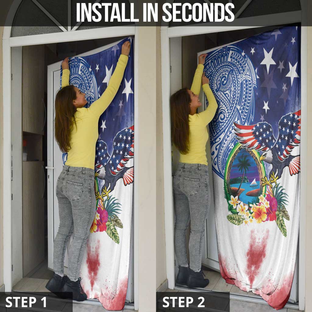 Guam and United States Together Door Cover Bald Eagle and Guam Seal with Flower and Tribal Tattoos - Wonder Print Shop