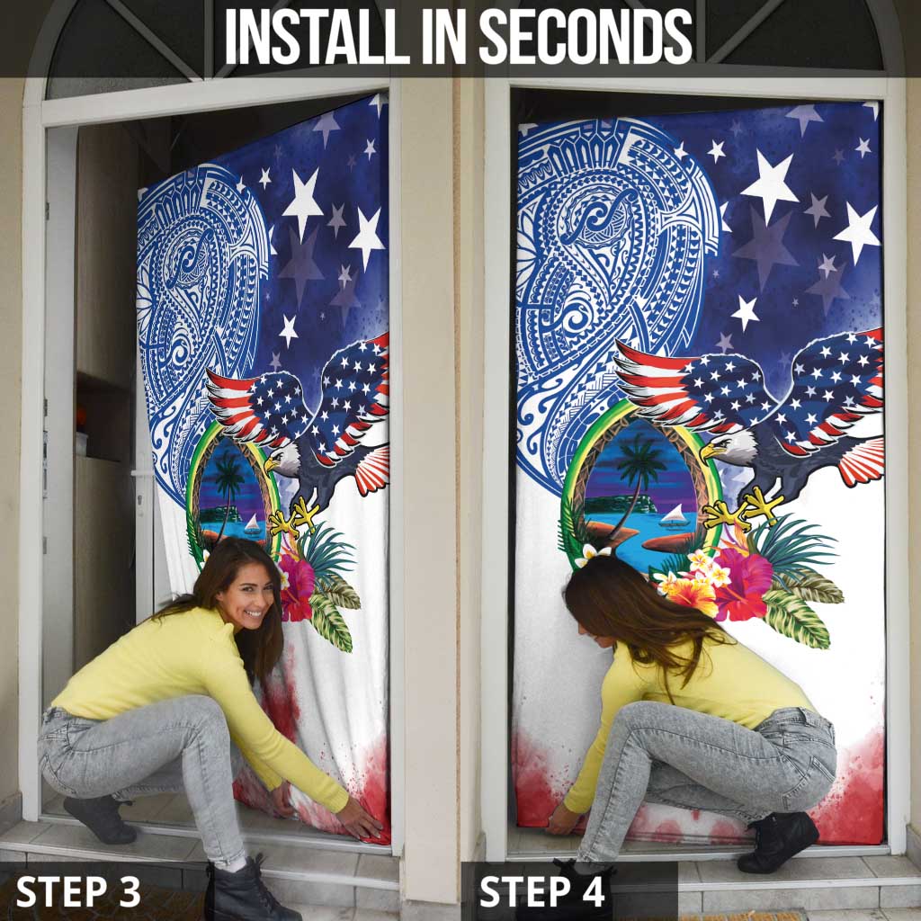 Guam and United States Together Door Cover Bald Eagle and Guam Seal with Flower and Tribal Tattoos - Wonder Print Shop