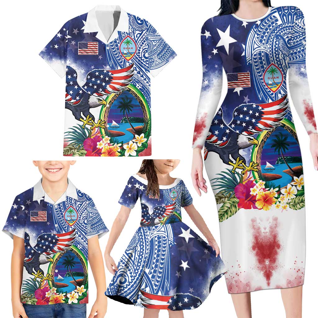 Guam and United States Together Family Matching Long Sleeve Bodycon Dress and Hawaiian Shirt Bald Eagle and Guam Seal with Flower and Tribal Tattoos - Wonder Print Shop