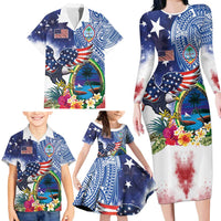 Guam and United States Together Family Matching Long Sleeve Bodycon Dress and Hawaiian Shirt Bald Eagle and Guam Seal with Flower and Tribal Tattoos - Wonder Print Shop