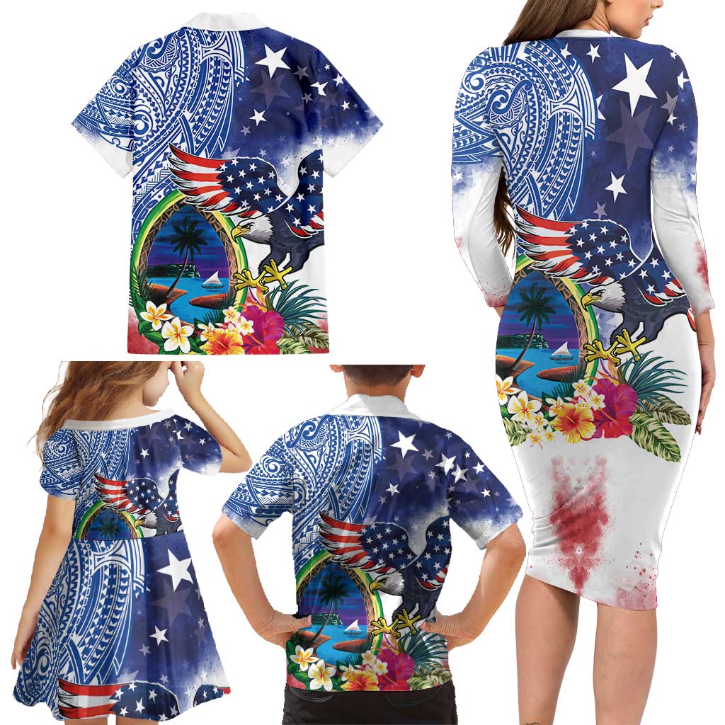 Guam and United States Together Family Matching Long Sleeve Bodycon Dress and Hawaiian Shirt Bald Eagle and Guam Seal with Flower and Tribal Tattoos - Wonder Print Shop