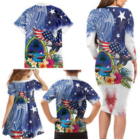 Guam and United States Together Family Matching Long Sleeve Bodycon Dress and Hawaiian Shirt Bald Eagle and Guam Seal with Flower and Tribal Tattoos - Wonder Print Shop