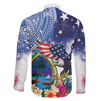 Guam and United States Together Family Matching Long Sleeve Bodycon Dress and Hawaiian Shirt Bald Eagle and Guam Seal with Flower and Tribal Tattoos - Wonder Print Shop