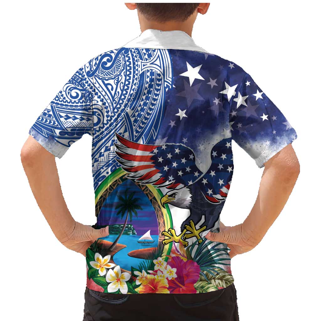 Guam and United States Together Family Matching Mermaid Dress and Hawaiian Shirt Bald Eagle and Guam Seal with Flower and Tribal Tattoos - Wonder Print Shop