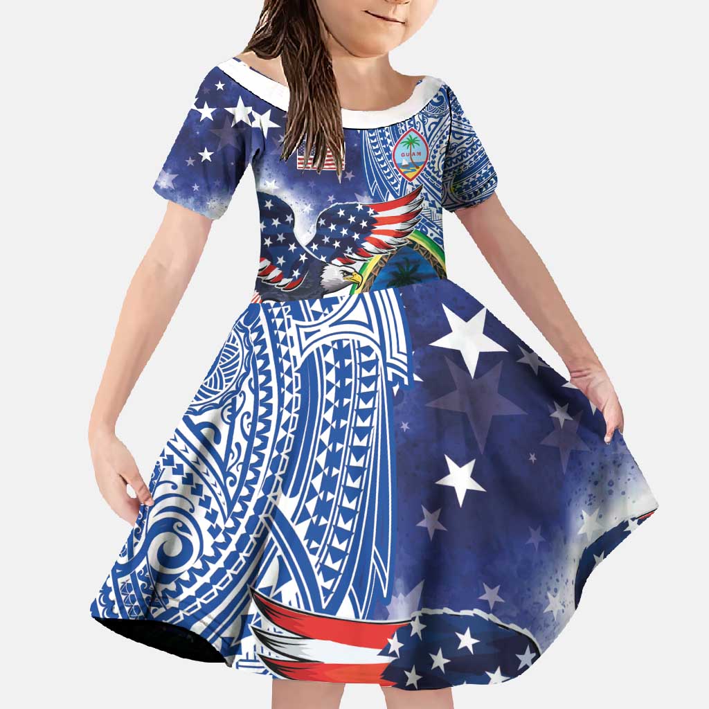 Guam and United States Together Family Matching Mermaid Dress and Hawaiian Shirt Bald Eagle and Guam Seal with Flower and Tribal Tattoos - Wonder Print Shop