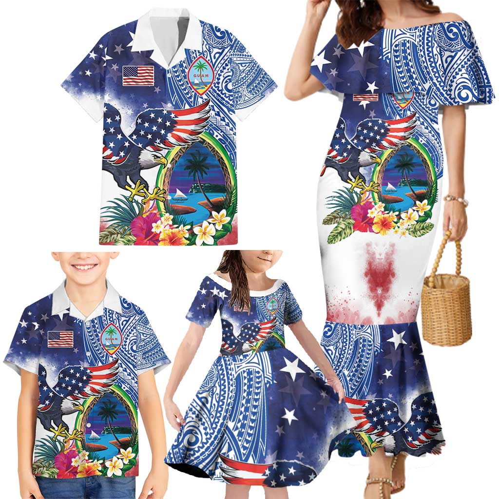 Guam and United States Together Family Matching Mermaid Dress and Hawaiian Shirt Bald Eagle and Guam Seal with Flower and Tribal Tattoos - Wonder Print Shop