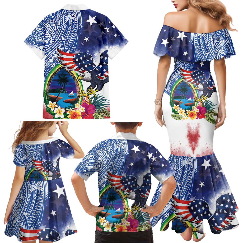 Guam and United States Together Family Matching Mermaid Dress and Hawaiian Shirt Bald Eagle and Guam Seal with Flower and Tribal Tattoos - Wonder Print Shop
