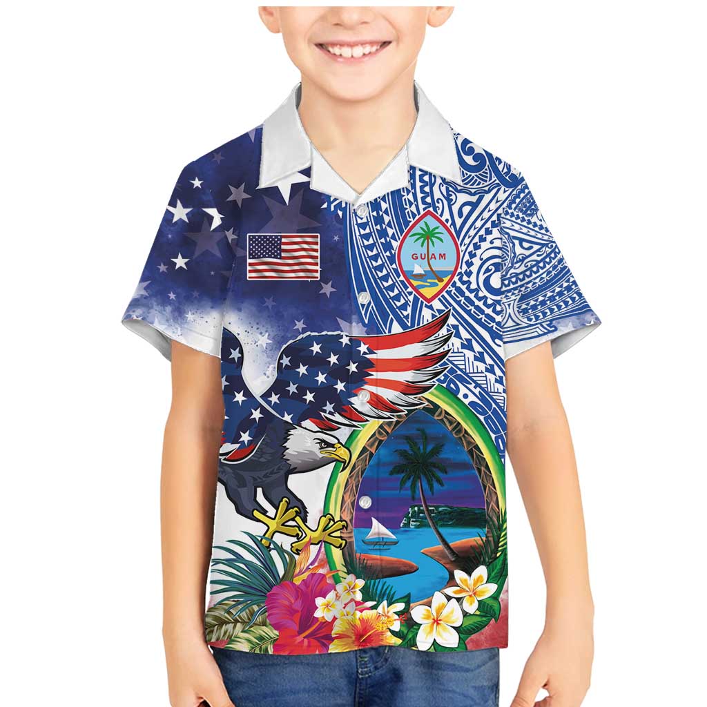 Guam and United States Together Family Matching Mermaid Dress and Hawaiian Shirt Bald Eagle and Guam Seal with Flower and Tribal Tattoos - Wonder Print Shop
