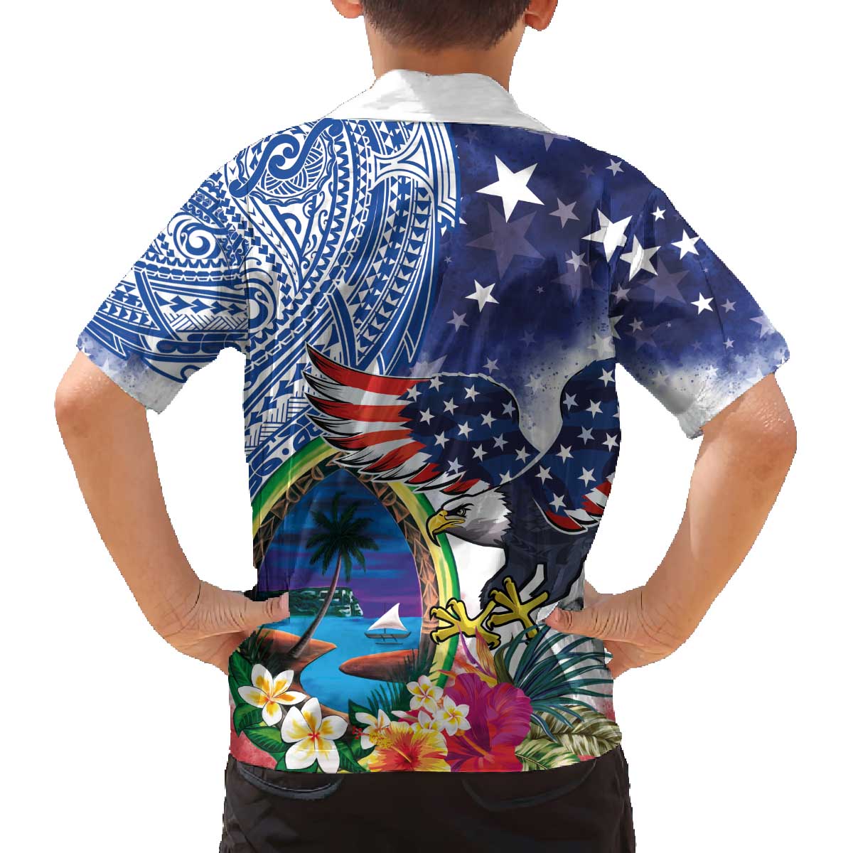 Guam and United States Together Family Matching Off The Shoulder Long Sleeve Dress and Hawaiian Shirt Bald Eagle and Guam Seal with Flower and Tribal Tattoos - Wonder Print Shop