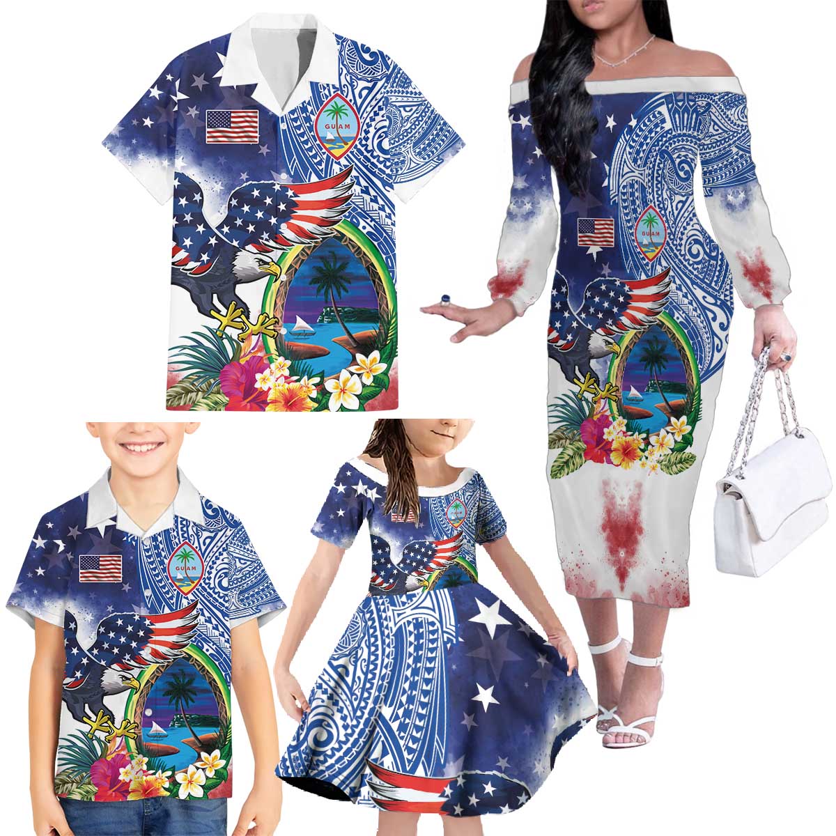 Guam and United States Together Family Matching Off The Shoulder Long Sleeve Dress and Hawaiian Shirt Bald Eagle and Guam Seal with Flower and Tribal Tattoos - Wonder Print Shop