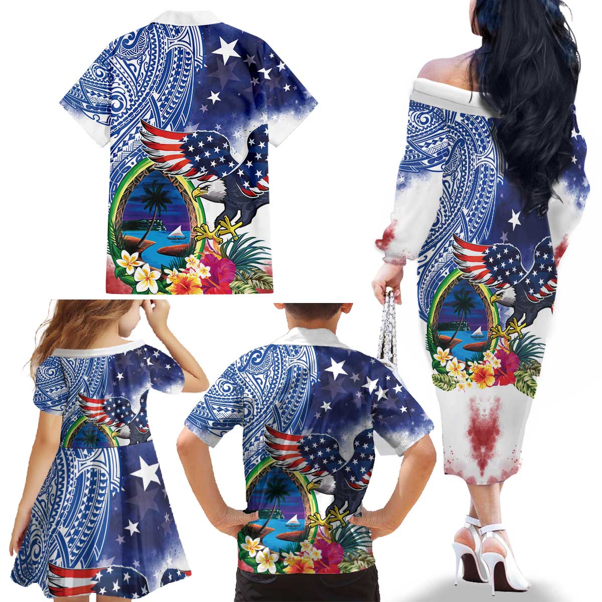 Guam and United States Together Family Matching Off The Shoulder Long Sleeve Dress and Hawaiian Shirt Bald Eagle and Guam Seal with Flower and Tribal Tattoos - Wonder Print Shop