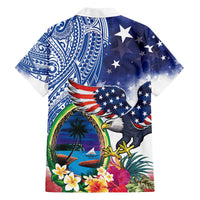 Guam and United States Together Family Matching Off The Shoulder Long Sleeve Dress and Hawaiian Shirt Bald Eagle and Guam Seal with Flower and Tribal Tattoos - Wonder Print Shop
