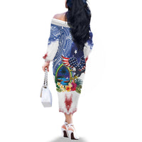 Guam and United States Together Family Matching Off The Shoulder Long Sleeve Dress and Hawaiian Shirt Bald Eagle and Guam Seal with Flower and Tribal Tattoos - Wonder Print Shop