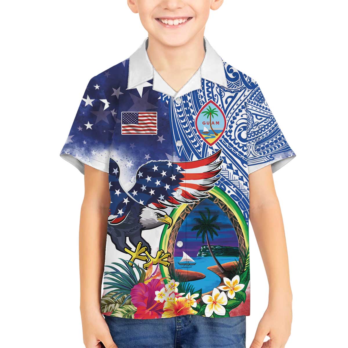 Guam and United States Together Family Matching Off The Shoulder Long Sleeve Dress and Hawaiian Shirt Bald Eagle and Guam Seal with Flower and Tribal Tattoos - Wonder Print Shop