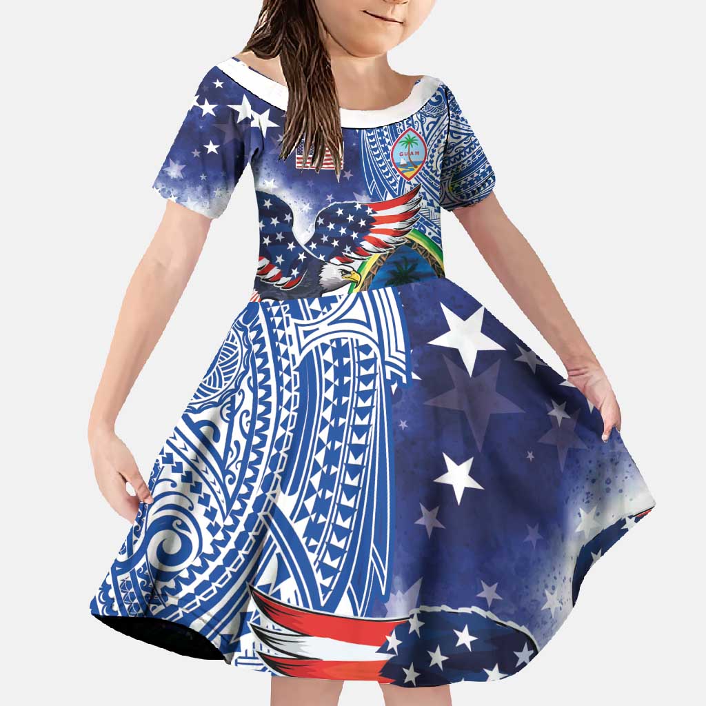 Guam and United States Together Family Matching Off Shoulder Maxi Dress and Hawaiian Shirt Bald Eagle and Guam Seal with Flower and Tribal Tattoos - Wonder Print Shop