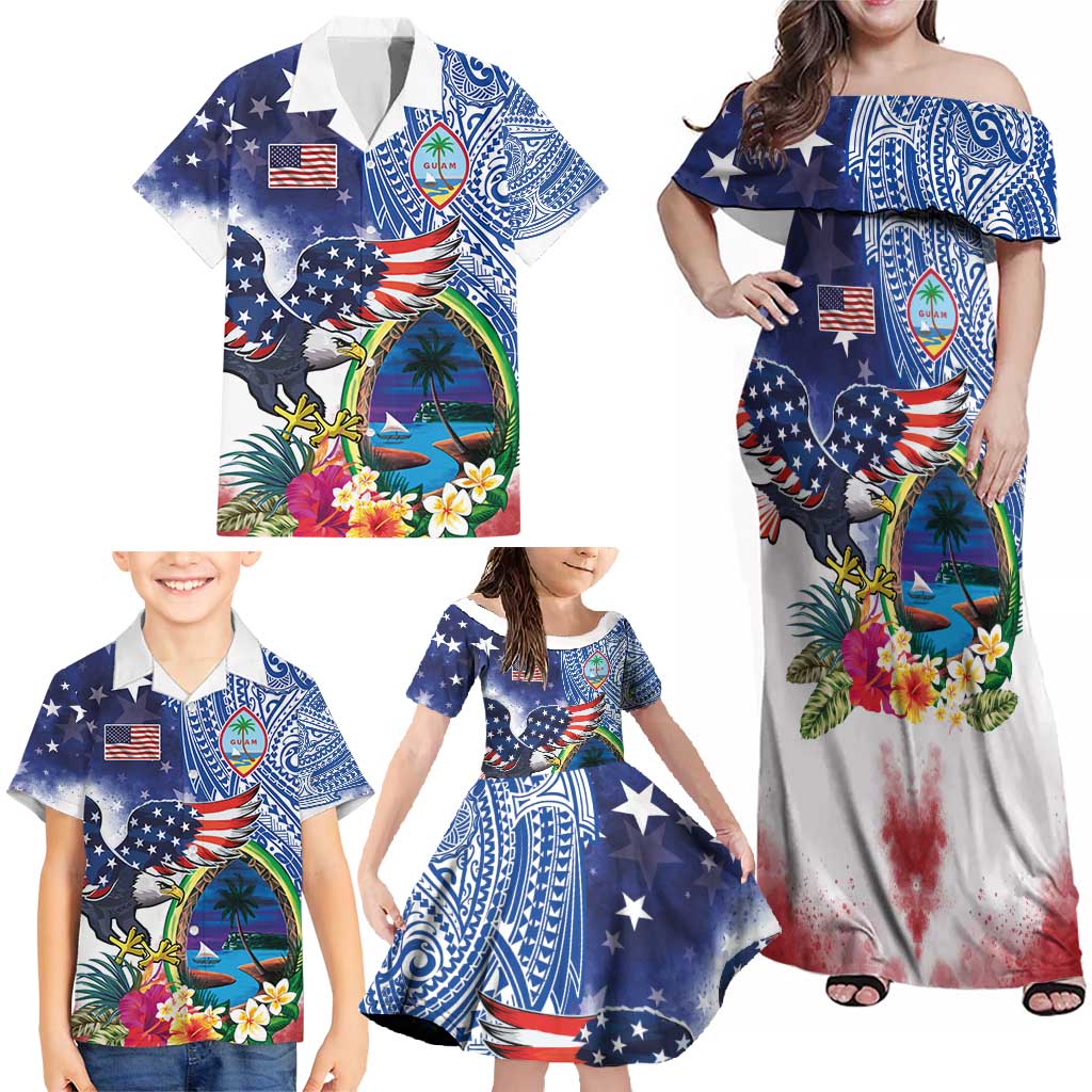 Guam and United States Together Family Matching Off Shoulder Maxi Dress and Hawaiian Shirt Bald Eagle and Guam Seal with Flower and Tribal Tattoos - Wonder Print Shop