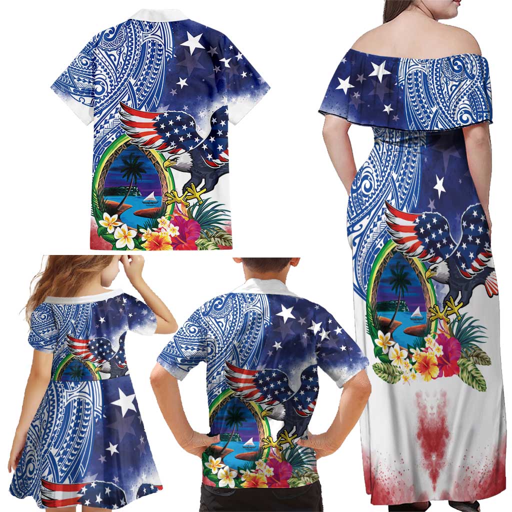 Guam and United States Together Family Matching Off Shoulder Maxi Dress and Hawaiian Shirt Bald Eagle and Guam Seal with Flower and Tribal Tattoos - Wonder Print Shop