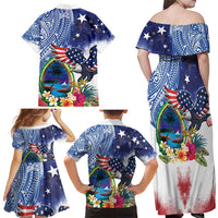 Guam and United States Together Family Matching Off Shoulder Maxi Dress and Hawaiian Shirt Bald Eagle and Guam Seal with Flower and Tribal Tattoos - Wonder Print Shop