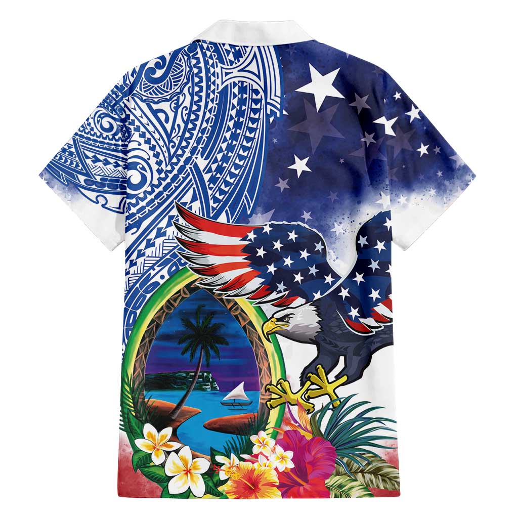 Guam and United States Together Family Matching Off Shoulder Maxi Dress and Hawaiian Shirt Bald Eagle and Guam Seal with Flower and Tribal Tattoos - Wonder Print Shop