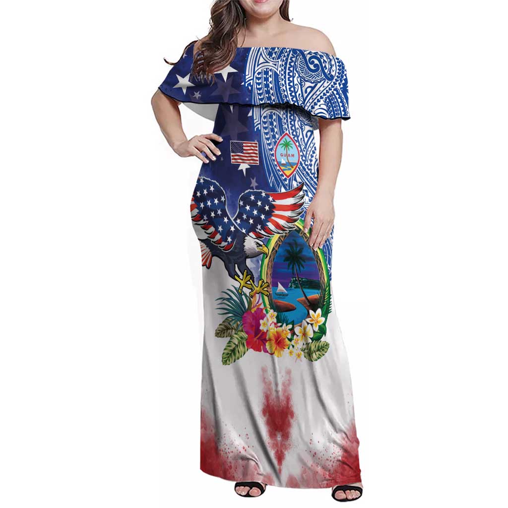 Guam and United States Together Family Matching Off Shoulder Maxi Dress and Hawaiian Shirt Bald Eagle and Guam Seal with Flower and Tribal Tattoos - Wonder Print Shop