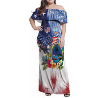 Guam and United States Together Family Matching Off Shoulder Maxi Dress and Hawaiian Shirt Bald Eagle and Guam Seal with Flower and Tribal Tattoos - Wonder Print Shop