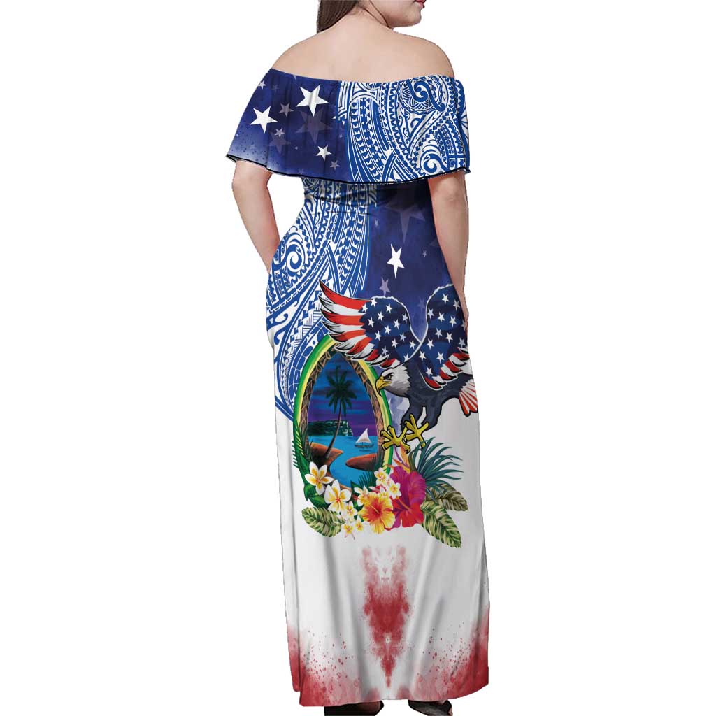 Guam and United States Together Family Matching Off Shoulder Maxi Dress and Hawaiian Shirt Bald Eagle and Guam Seal with Flower and Tribal Tattoos - Wonder Print Shop
