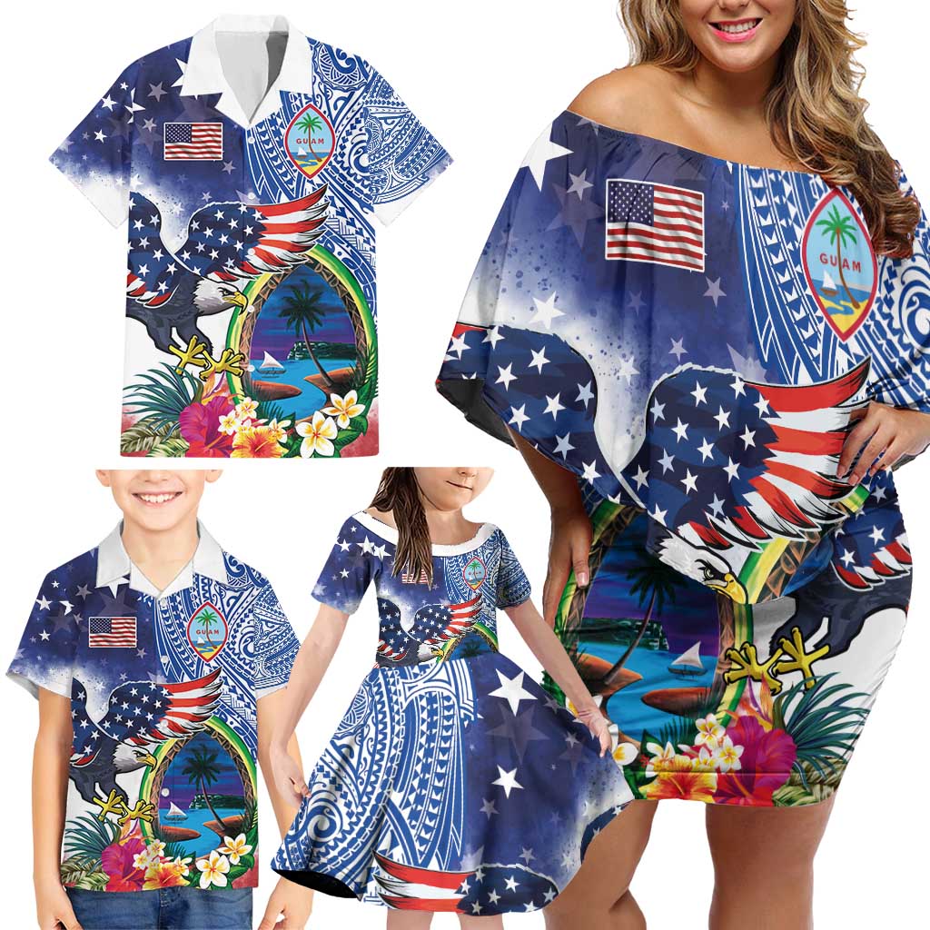 Guam and United States Together Family Matching Off Shoulder Short Dress and Hawaiian Shirt Bald Eagle and Guam Seal with Flower and Tribal Tattoos - Wonder Print Shop