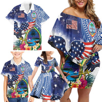 Guam and United States Together Family Matching Off Shoulder Short Dress and Hawaiian Shirt Bald Eagle and Guam Seal with Flower and Tribal Tattoos - Wonder Print Shop