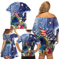 Guam and United States Together Family Matching Off Shoulder Short Dress and Hawaiian Shirt Bald Eagle and Guam Seal with Flower and Tribal Tattoos - Wonder Print Shop