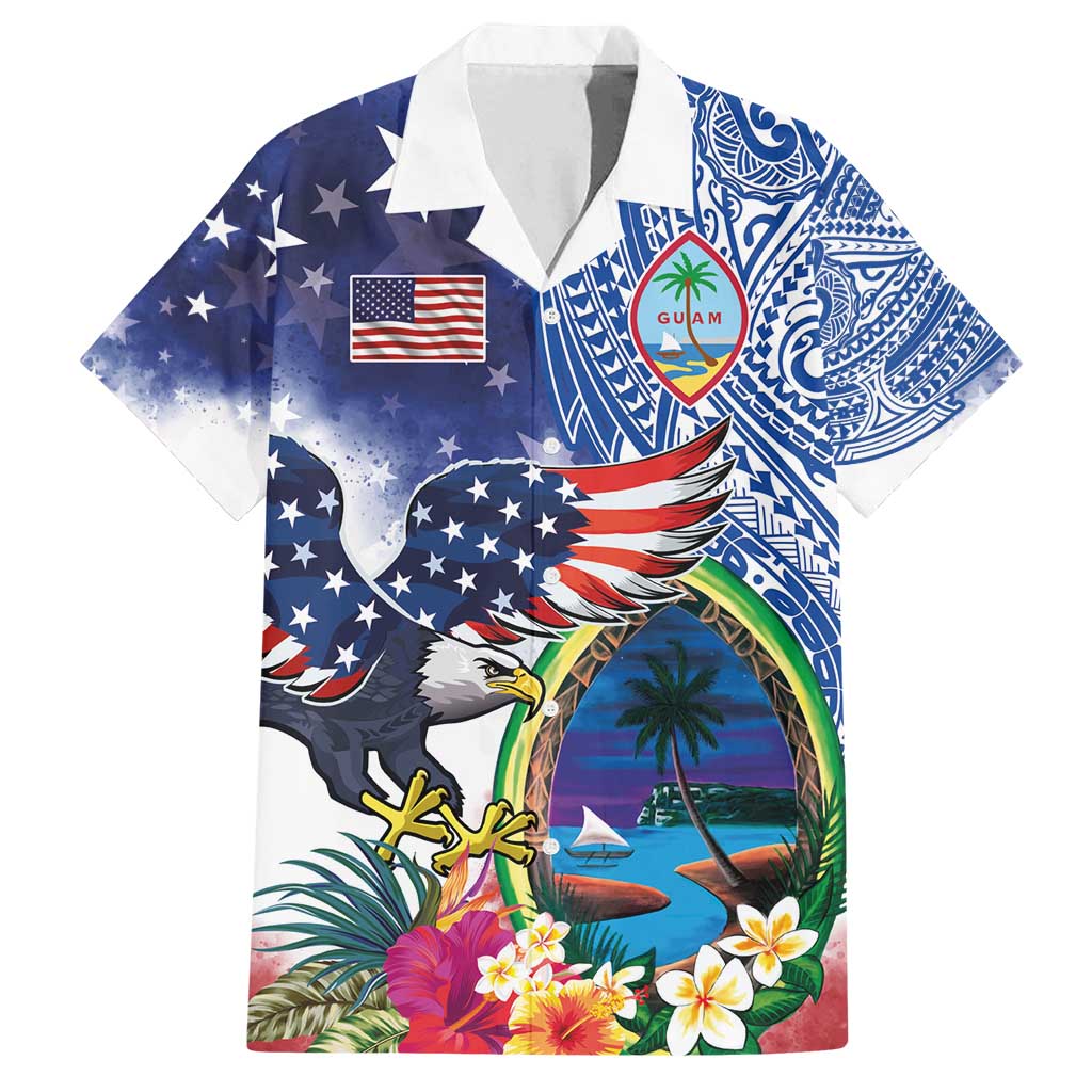 Guam and United States Together Family Matching Off Shoulder Short Dress and Hawaiian Shirt Bald Eagle and Guam Seal with Flower and Tribal Tattoos - Wonder Print Shop