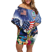 Guam and United States Together Family Matching Off Shoulder Short Dress and Hawaiian Shirt Bald Eagle and Guam Seal with Flower and Tribal Tattoos - Wonder Print Shop