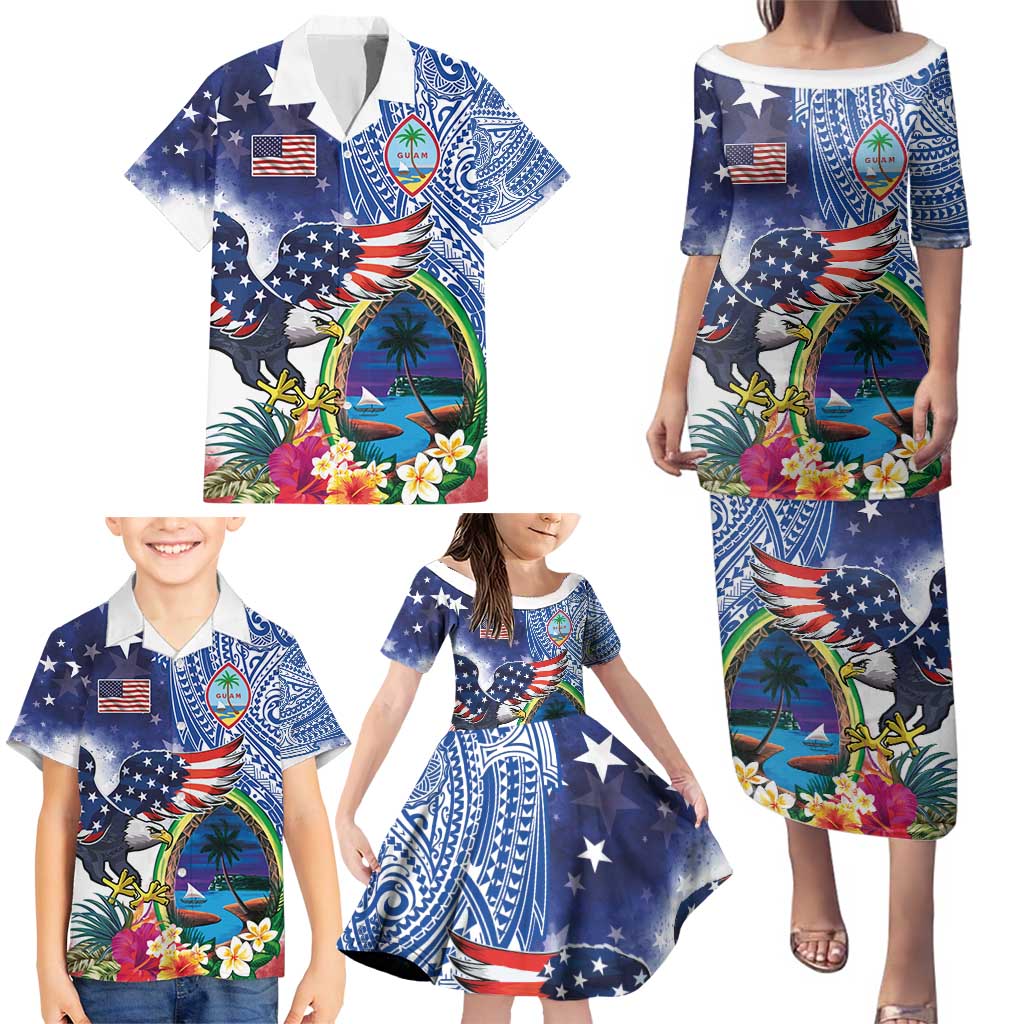 Guam and United States Together Family Matching Puletasi and Hawaiian Shirt Bald Eagle and Guam Seal with Flower and Tribal Tattoos - Wonder Print Shop