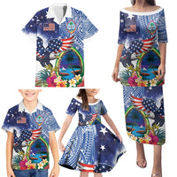 Guam and United States Together Family Matching Puletasi and Hawaiian Shirt Bald Eagle and Guam Seal with Flower and Tribal Tattoos - Wonder Print Shop