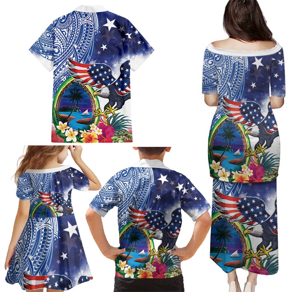 Guam and United States Together Family Matching Puletasi and Hawaiian Shirt Bald Eagle and Guam Seal with Flower and Tribal Tattoos - Wonder Print Shop