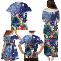 Guam and United States Together Family Matching Puletasi and Hawaiian Shirt Bald Eagle and Guam Seal with Flower and Tribal Tattoos - Wonder Print Shop
