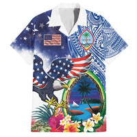 Guam and United States Together Family Matching Puletasi and Hawaiian Shirt Bald Eagle and Guam Seal with Flower and Tribal Tattoos - Wonder Print Shop
