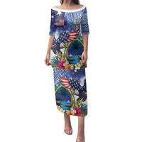 Guam and United States Together Family Matching Puletasi and Hawaiian Shirt Bald Eagle and Guam Seal with Flower and Tribal Tattoos - Wonder Print Shop