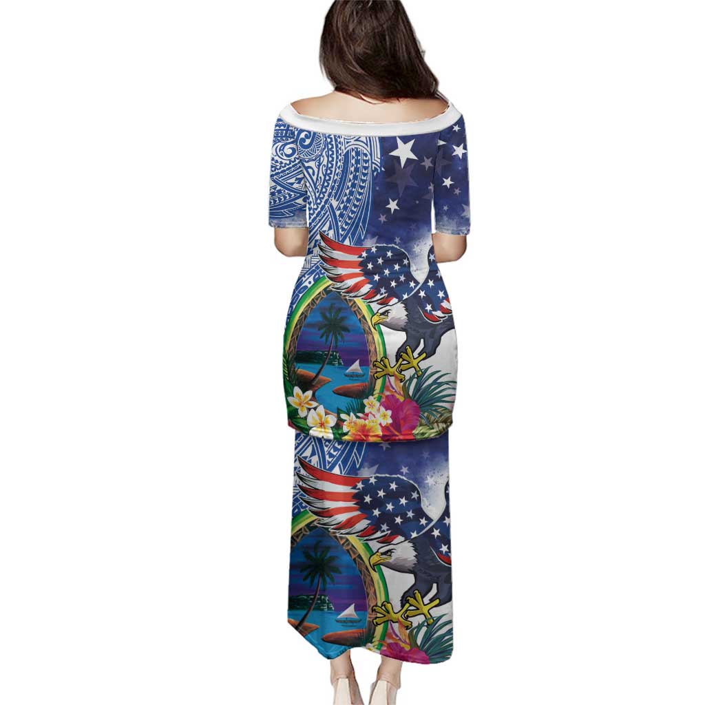 Guam and United States Together Family Matching Puletasi and Hawaiian Shirt Bald Eagle and Guam Seal with Flower and Tribal Tattoos - Wonder Print Shop
