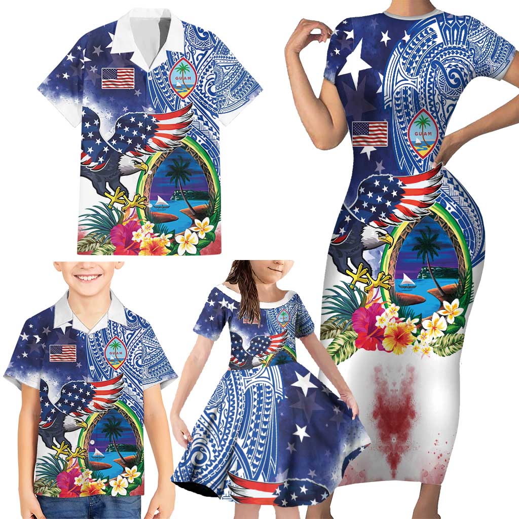 Guam and United States Together Family Matching Short Sleeve Bodycon Dress and Hawaiian Shirt Bald Eagle and Guam Seal with Flower and Tribal Tattoos - Wonder Print Shop