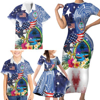 Guam and United States Together Family Matching Short Sleeve Bodycon Dress and Hawaiian Shirt Bald Eagle and Guam Seal with Flower and Tribal Tattoos - Wonder Print Shop